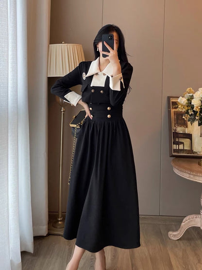 French retro small fragrance square collar dress women's 2023 autumn new Hepburn style high-level high-waisted dress