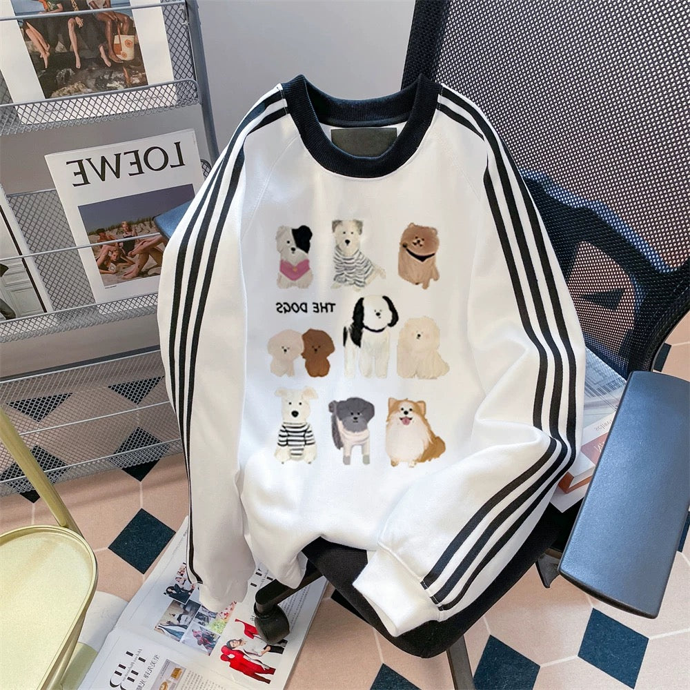 American style super cute dog contrast striped sweatshirt men and women autumn and winter loose lazy style niche couple tops