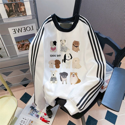 American style super cute dog contrast striped sweatshirt men and women autumn and winter loose lazy style niche couple tops