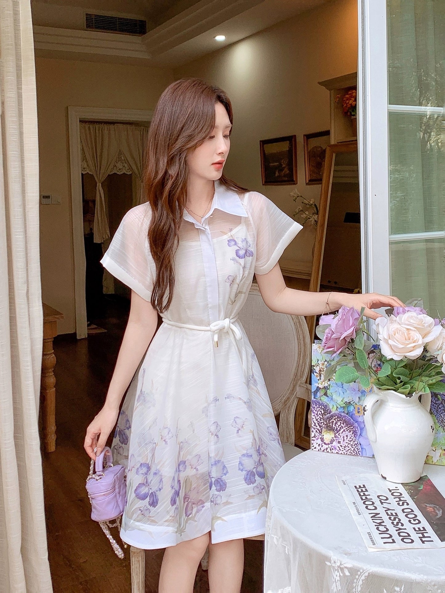 Zhang Xinzi [Spring and Bright Scenery] Printed shirt dress for women, new summer style, French lady skirt, mid-length