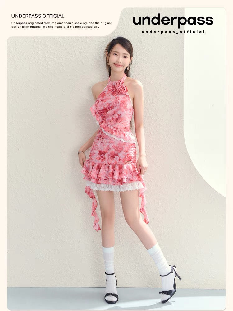 Underpass original design niche romantic red rose floral halter neck ribbon high waist dress for women