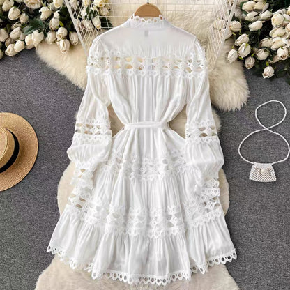 Spring new style French palace style stand-up collar hollow single-breasted dress women's lace-up hollow lace princess skirt (D0992)