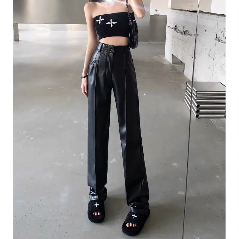 Summer high waist thin straight loose casual leather pants women's drape black wide-leg pants design sense niche long pants