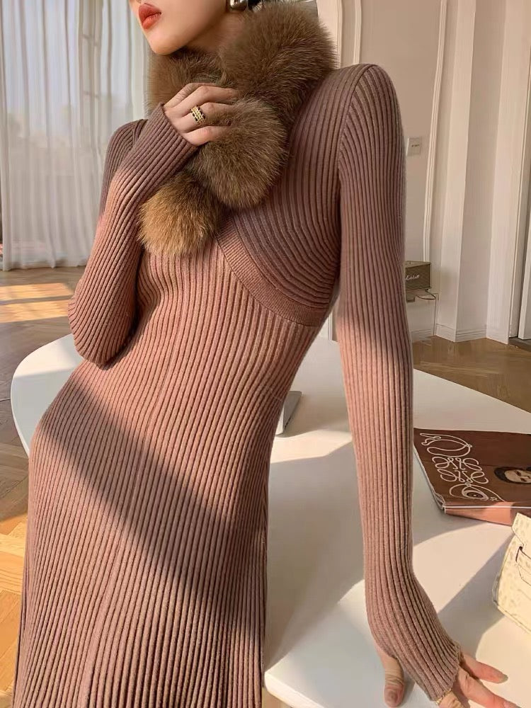 WANGXO Burgundy V-neck Knitted Dress Women's 2023 Autumn New Slim Fit Mid-Length Bottoming Skirt (B1714)