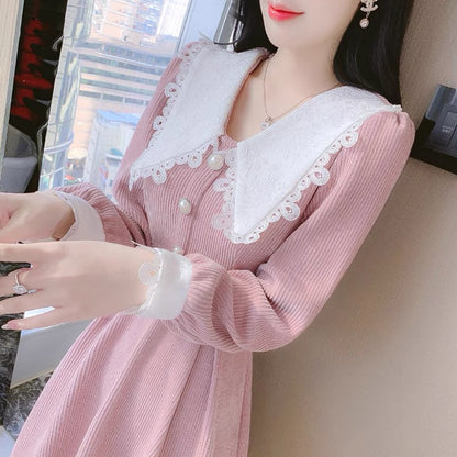 French lady doll collar pink dress for women autumn and winter 2023 new style high-end temperament chic petite dress