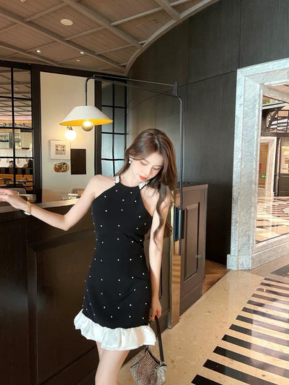 Born Miss French High-end Heavy Industry Black Halter Neck Dress Temperament Goddess Fan Luxury High Definition