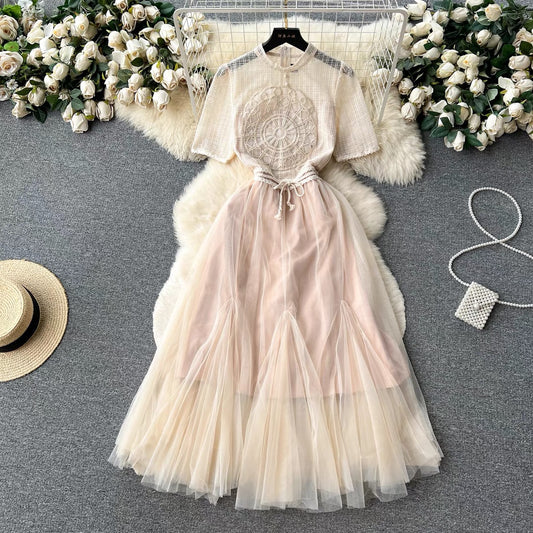 Summer new niche design lady style lace hollow embroidery dress women's lace-up splicing mesh skirt trendy