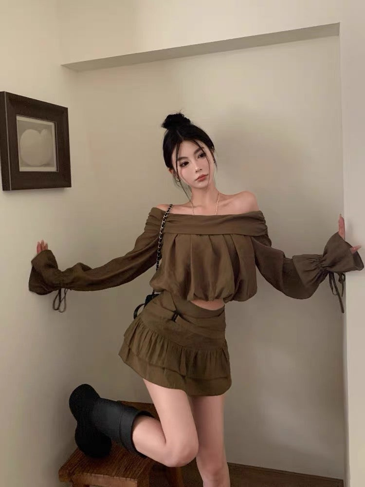 Retro sweet girl suit one-shoulder long-sleeved loose top for women autumn ruffled a-line skirt two-piece set