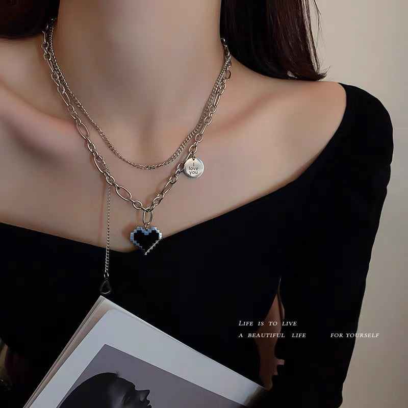 Titanium steel round card letter love Korean necklace female niche design sense collarbone chain street retro sweet cool wind necklace
