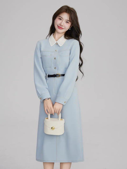 Volstagg blue French style dress women's autumn high-end long-sleeved waist long skirt comes with belt