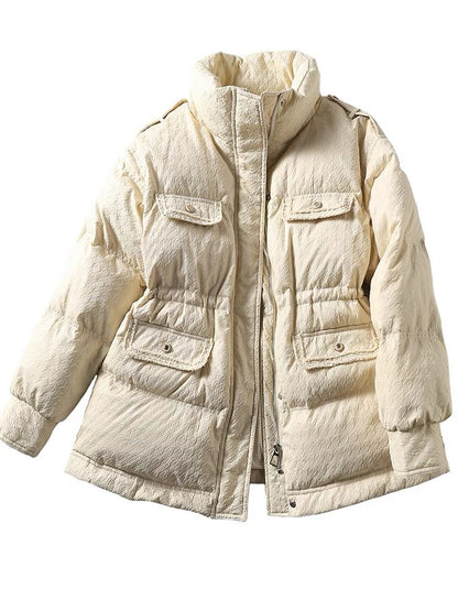 いCommuting ageless small fragrant stand-up collar drawstring waist contrast pocket 90 white duck down down jacket women's winter jacket