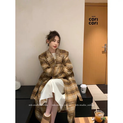 MLS retro plaid woolen coat women's 2023 winter design sense niche unique chic top warm jacket