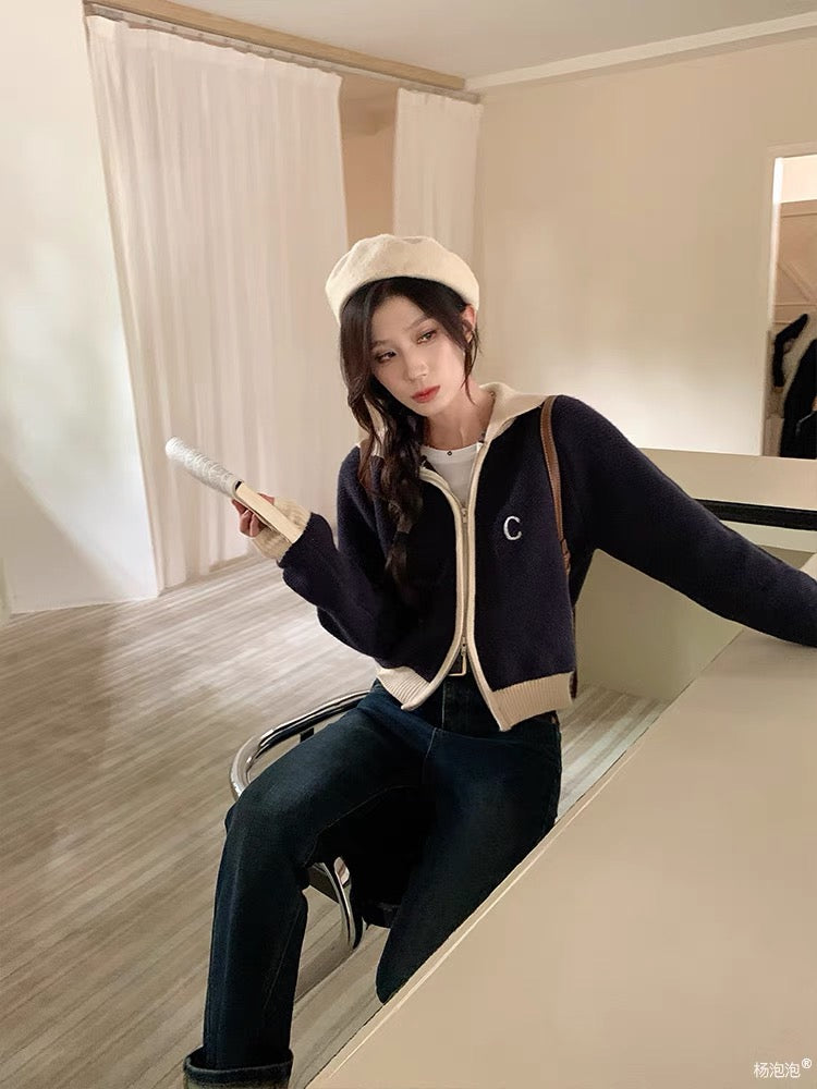 Yang Paopao is very Korean and has a sense of atmosphere ~ chest C contrast collar sweater jacket for women autumn new knitted cardigan