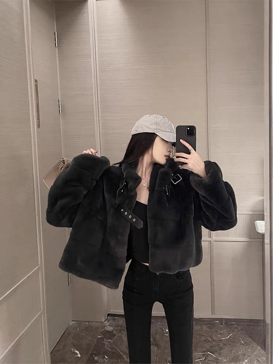 Black Half Turtle Collar Cotton Jacket for Women Autumn Thickened High-end Short Furry Cotton Jacket