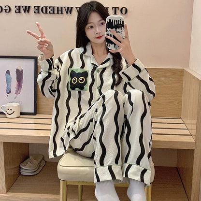 Pajamas women summer cardigan long-sleeved trousers suit summer ladies 2024 new cartoon spring autumn winter home clothes