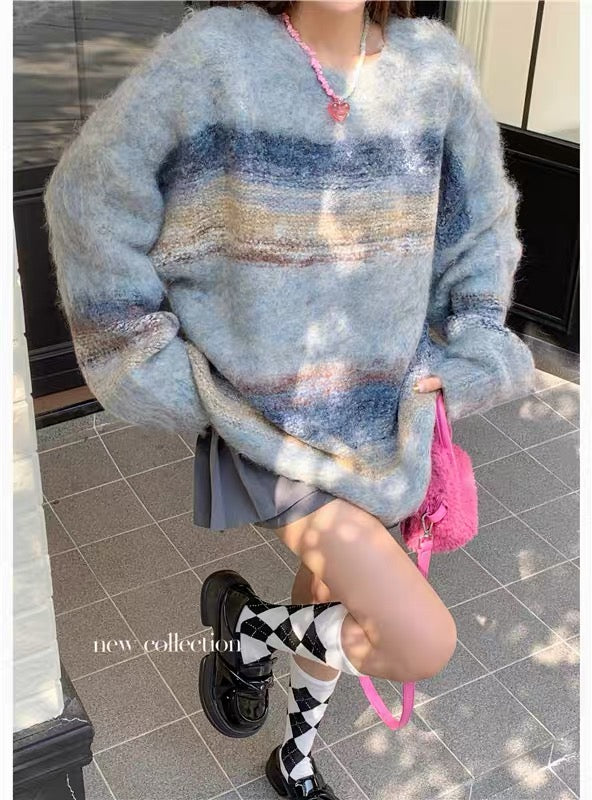 Atmospheric Mixed Color Round Neck Knitted Sweater Women's Autumn and Winter 2023 New Mid-Length Loose Lazy Style Niche Top A2241