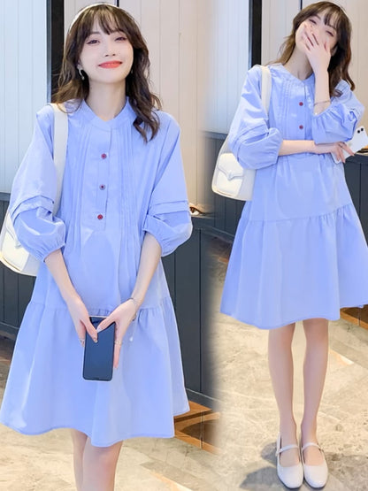 2024 Spring New Maternity Three-quarter Sleeve Dress Fashionable Mid-Length Korean Style A-Line Skirt Trendy Mom Shirt Skirt D790