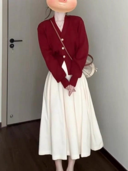 Women's Spring/Autumn Two-Piece Set: High-Waisted, Slim-Fit White Pleated Midi Skirt (Chic, Elegant, and Soft Style)