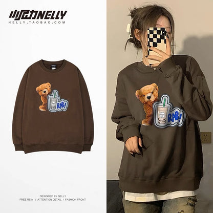 Xiaonili ins fashionable lazy loose brown bear sweatshirt oversize men and women 2023 autumn and winter new bf (N0932)