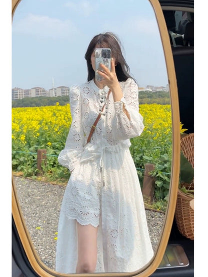 This year's popular beautiful suit skirt women 2024 new summer French hollow lace skirt shorts temperament two-piece suit