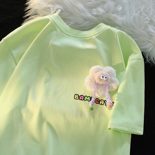 Jwneed Original trendy brand dopamine three-dimensional decorative short-sleeved T-shirt for women summer new couple green unisex niche top