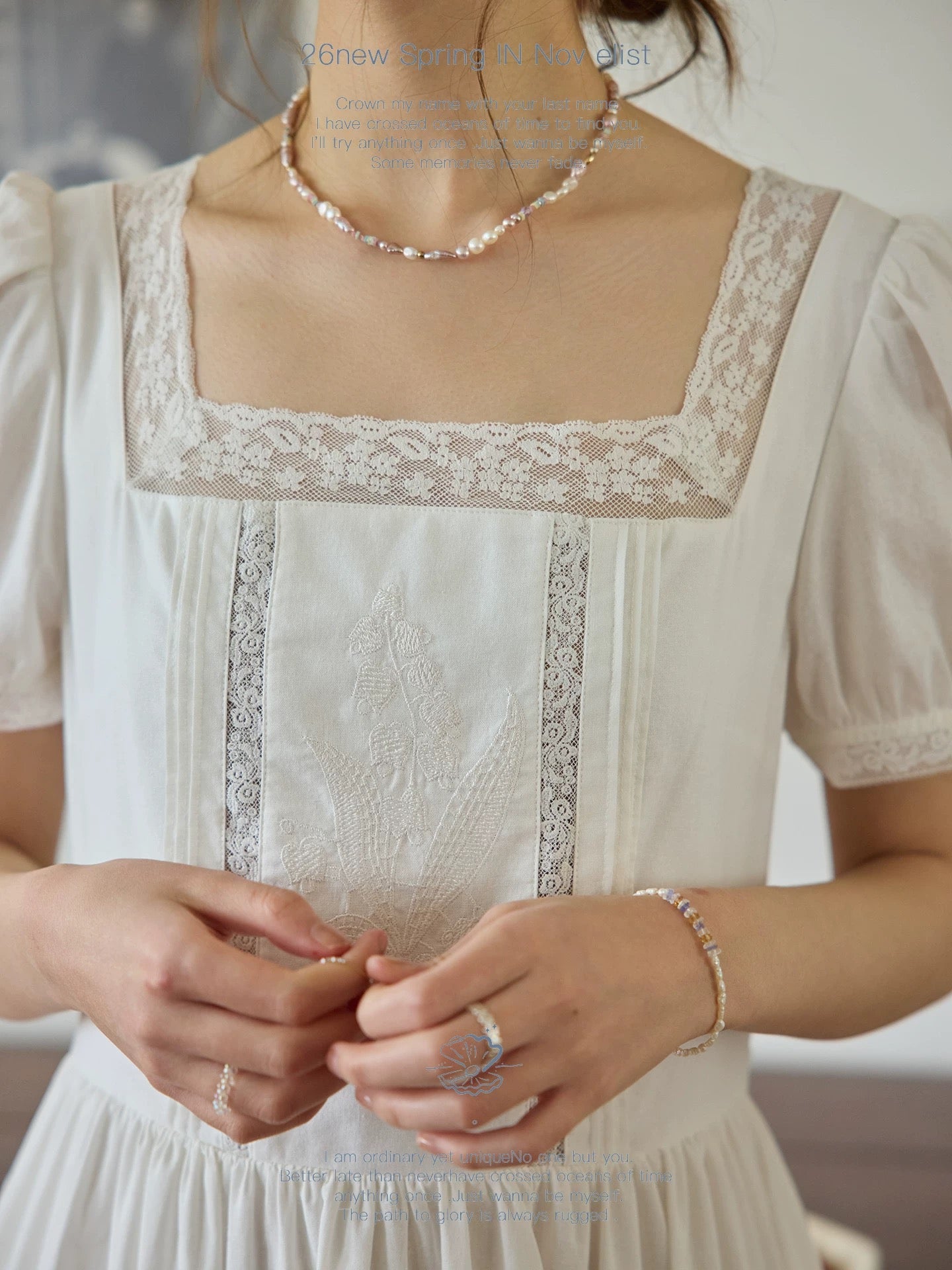 Nov elist heavy embroidery square neck dress with lace trim white skirt, new summer long dress