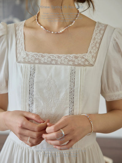 Nov elist heavy embroidery square neck dress with lace trim white skirt, new summer long dress