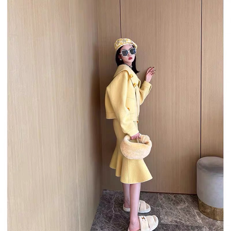 Cream woolen coat, cashmere double-sided woolen suit, fishtail skirt suit, light luxury dress, women's autumn and winter clothing
