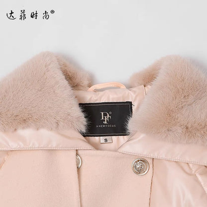 Winter women's clothing 2023 new apricot pink fur collar waist mid-length down jacket thickened knee-high white duck down