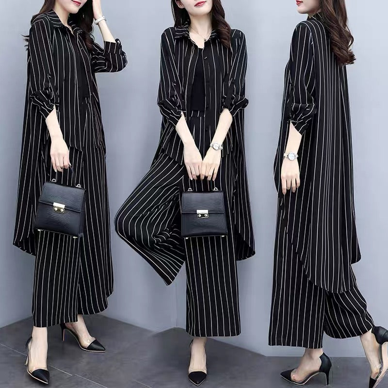 2023 new autumn plus size women's loose black striped cardigan two-piece casual fashion wide-leg pants suit
