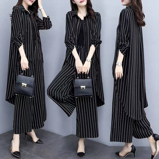 2023 new autumn plus size women's loose black striped cardigan two-piece casual fashion wide-leg pants suit