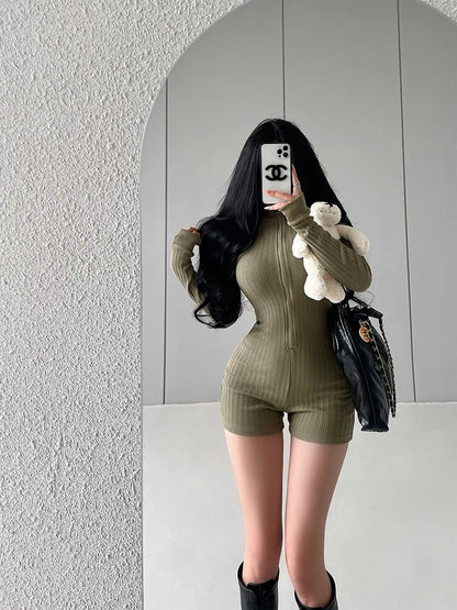 YoungGirlDay European and American style hot girl stand collar zipper slim slim long sleeve solid color knitted jumpsuit trendy (B1818)