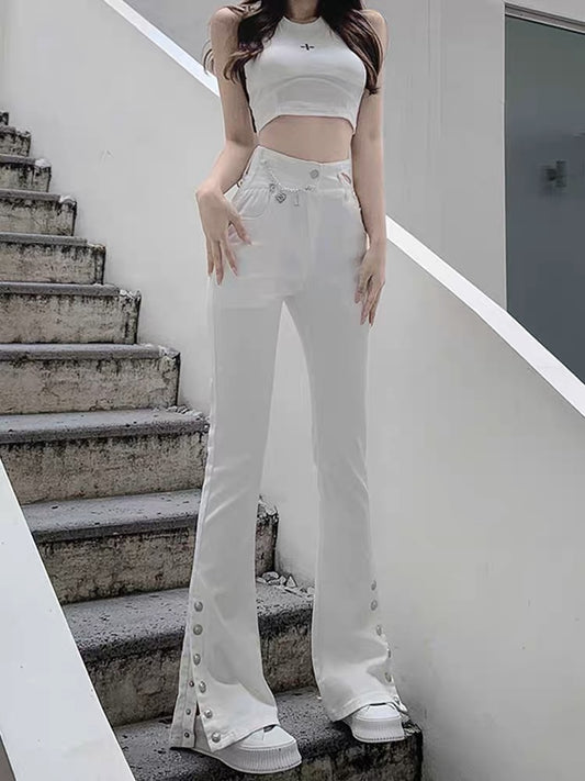 2023 new autumn niche design micro-flare jeans for women high-waist slim slimming slit wide-leg trousers (B3916)
