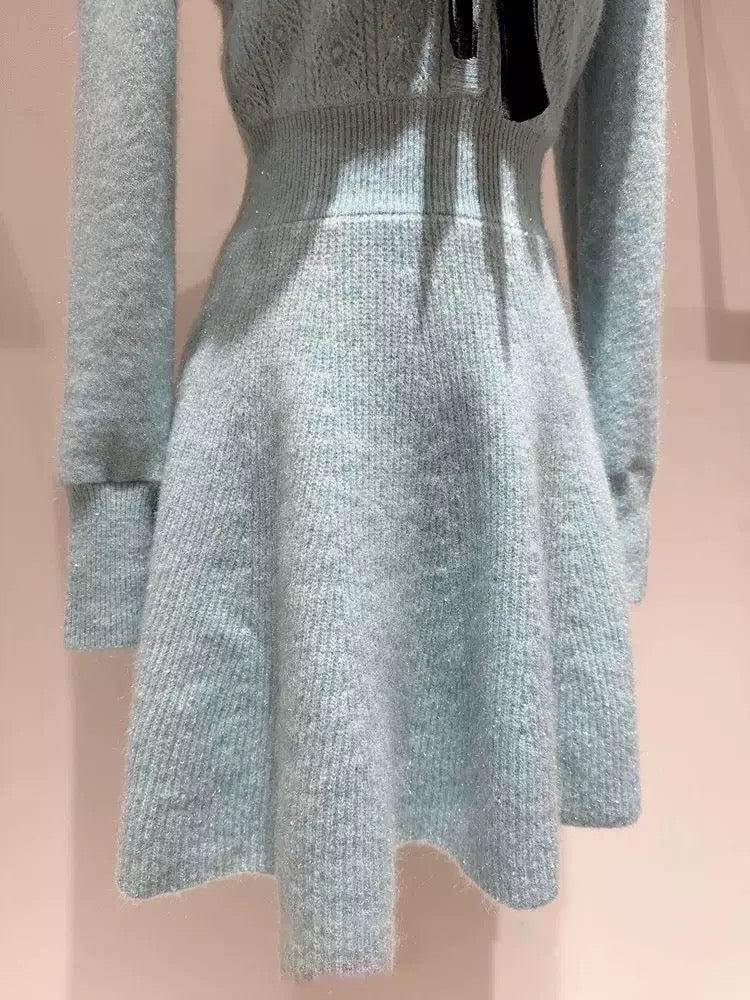 Buyer store design small fragrant knitted dress women's autumn and winter new style doll collar bow waist small skirt T9793
