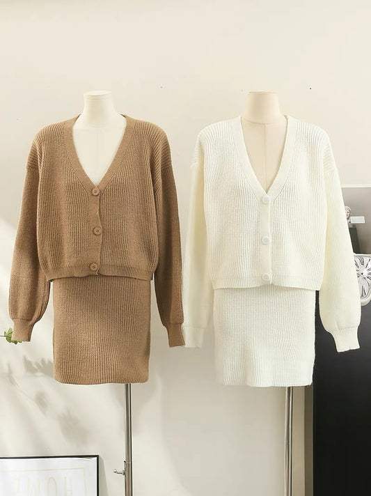 Knitted suit for women 2023 autumn and winter new V-neck single-breasted sweater cardigan coat high-waisted skirt two-piece set