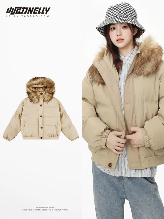 Trendy street thickened cotton-padded clothes for men and women winter 2023 new large fur collar short casual bread coat