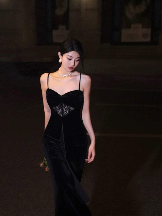 Thirteen and Little French suspender dress women's summer velvet stitching lace black waist temperament long skirt