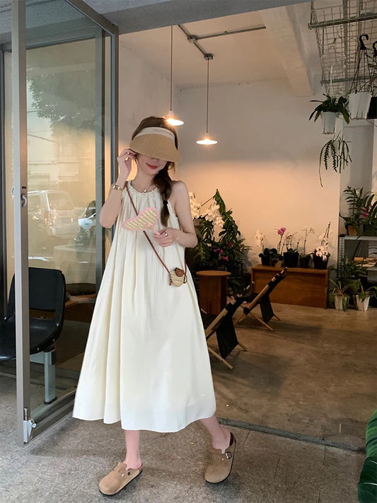 Wu77 Glazed Halter Neck Fairy Suspender Dress Women's Loose Sleeveless Off-the-shoulder Textured Long Dress Birthday Gift Dress Summer