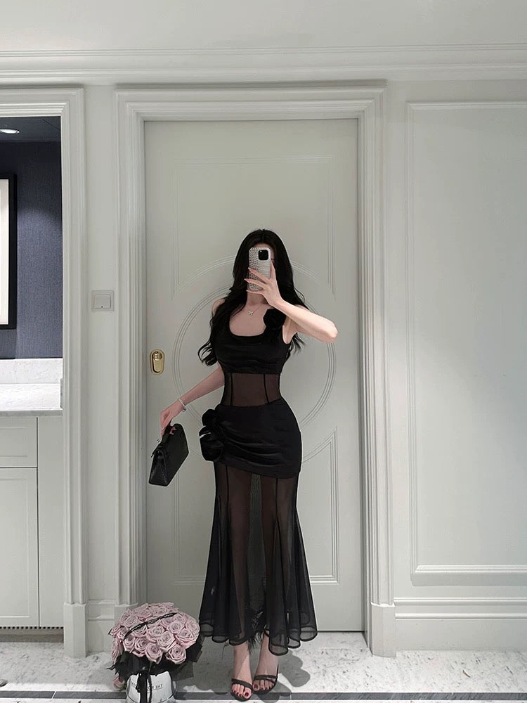 For Fay black rose/high-end satin mesh stitching sexy slim dress see-through hip fishtail skirt