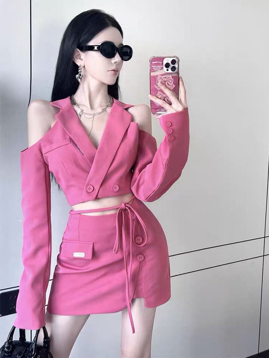 Pure desire sweet hot girl suit strapless suit short jacket female high-end sense two-piece skirt spring and autumn small man