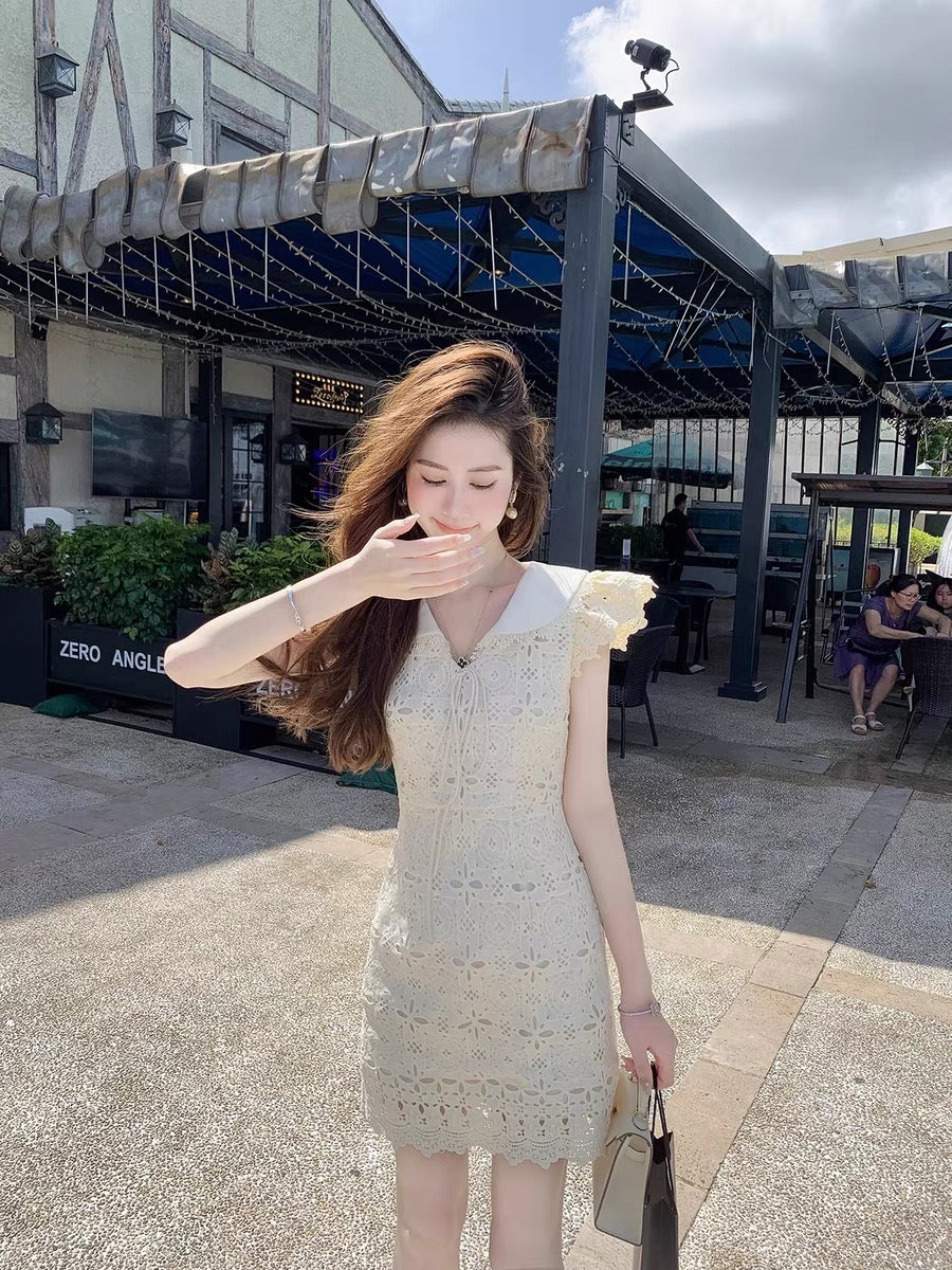 Fish Rabbit's Rabbit Fragrance Dress Female 2023 New Hollow Small Flying Sleeve Doll Collar A-Line Skirt