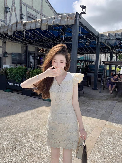 Fish Rabbit's Rabbit Fragrance Dress Female 2023 New Hollow Small Flying Sleeve Doll Collar A-Line Skirt