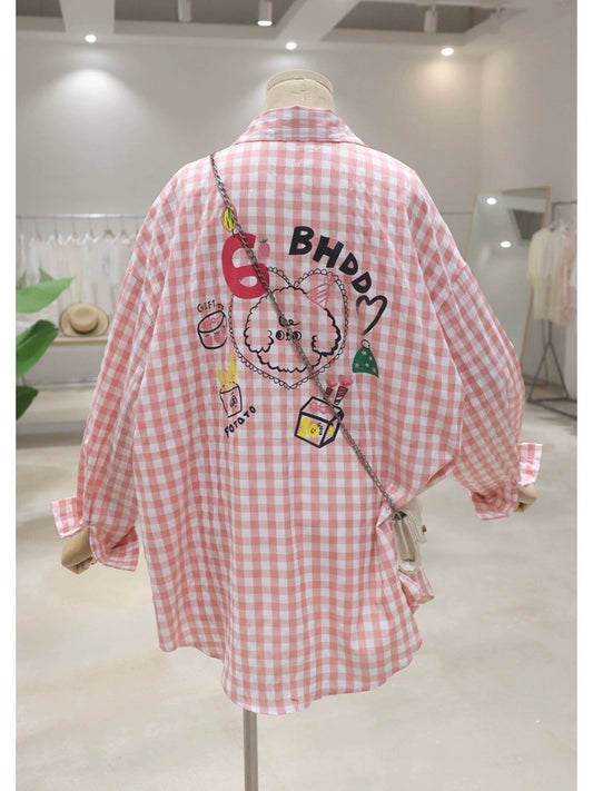 Breathable bow back cartoon lamb 2024 summer loose medium and long plaid thin long-sleeved shirt for women