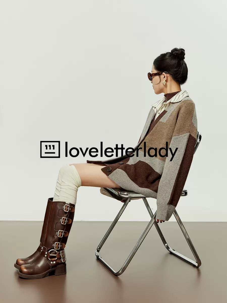 Zhou Liwu/Retro stitching contrast color sweater women's 2023 autumn and winter new high-end design lazy style sweater