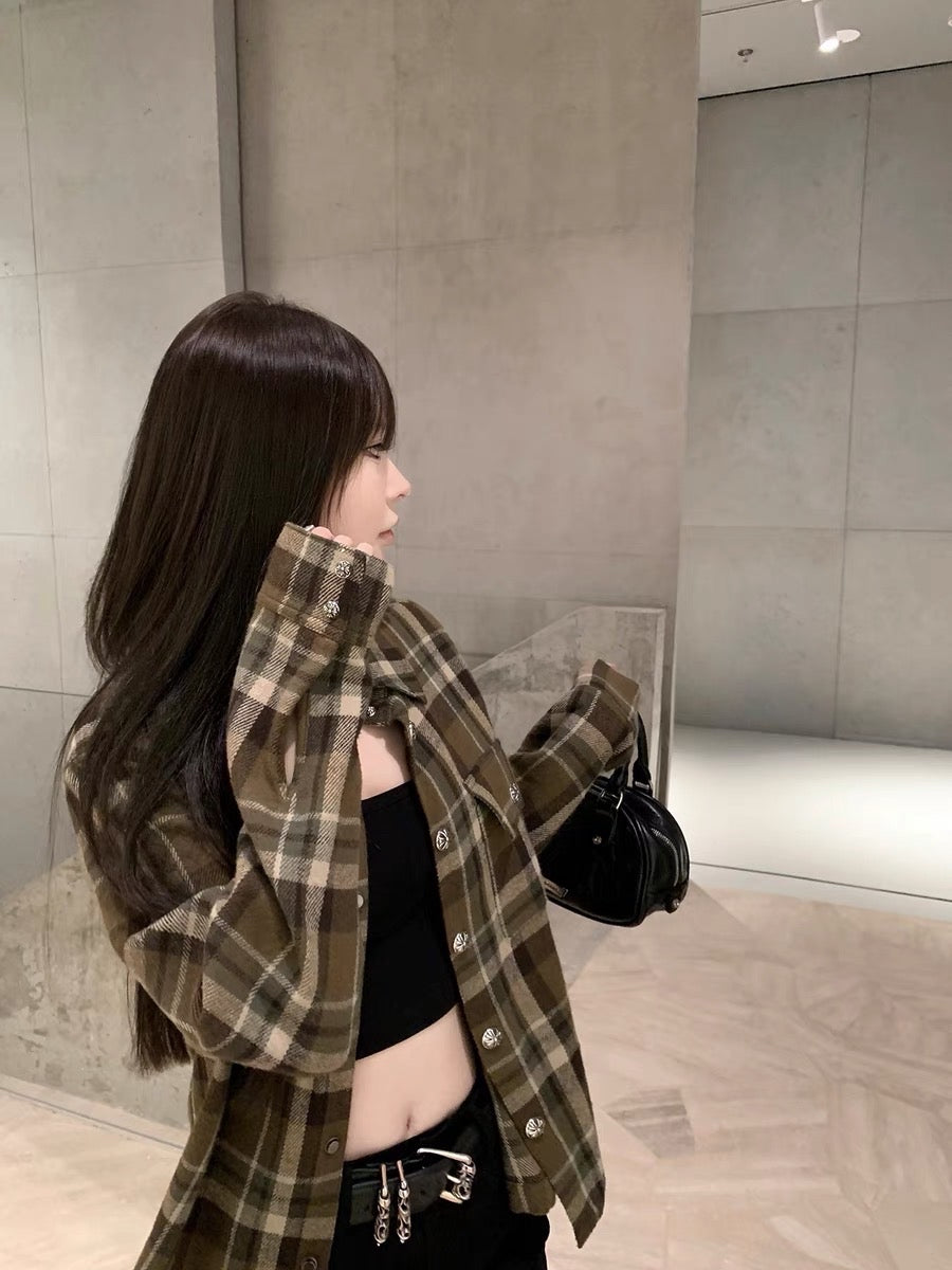 CHICYOU [semi-permanent si suit, super good restoration] c.h woolen long-sleeved slim loose plaid shirt for women
