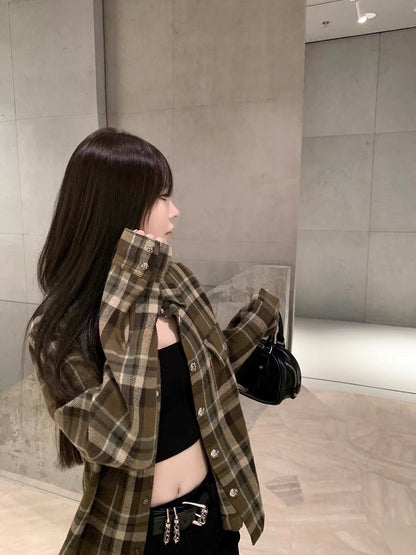 CHICYOU [semi-permanent si suit, super good restoration] c.h woolen long-sleeved slim loose plaid shirt for women