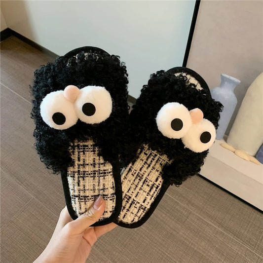 Thin strips cute cartoon furry slippers for women autumn and winter fashion ins trendy internet celebrity creative funny home cotton slippers