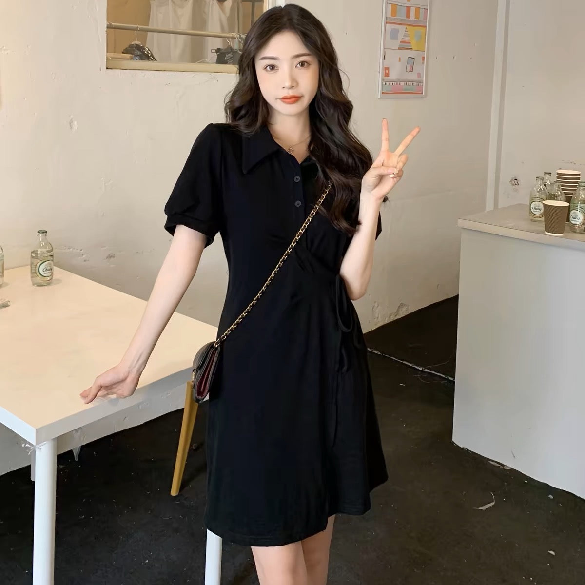 Large size retro Hepburn style polo collar dress for women with summer fat mm waist straps and irregular small skirts D053