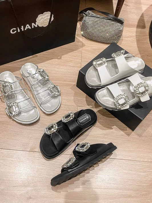 Mr. h/RV one-word double-strap leather sandals for women 2023 summer new style square buckle rhinestone outer wear thick-soled transparent slippers (S0126)