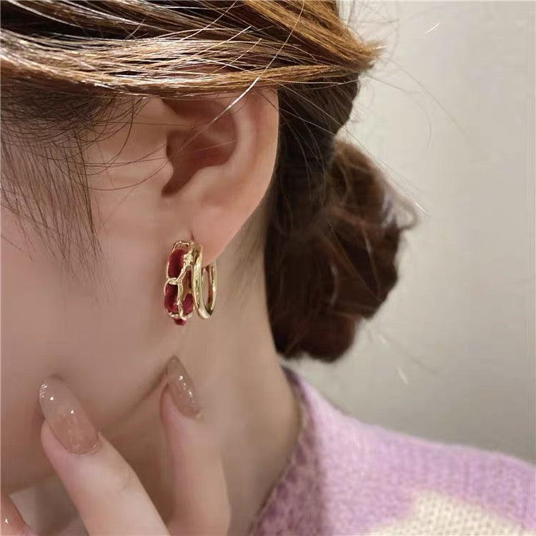 925 silver needle geometric double layer earrings niche velvet chain earrings Korean autumn and winter retro temperament earrings for women